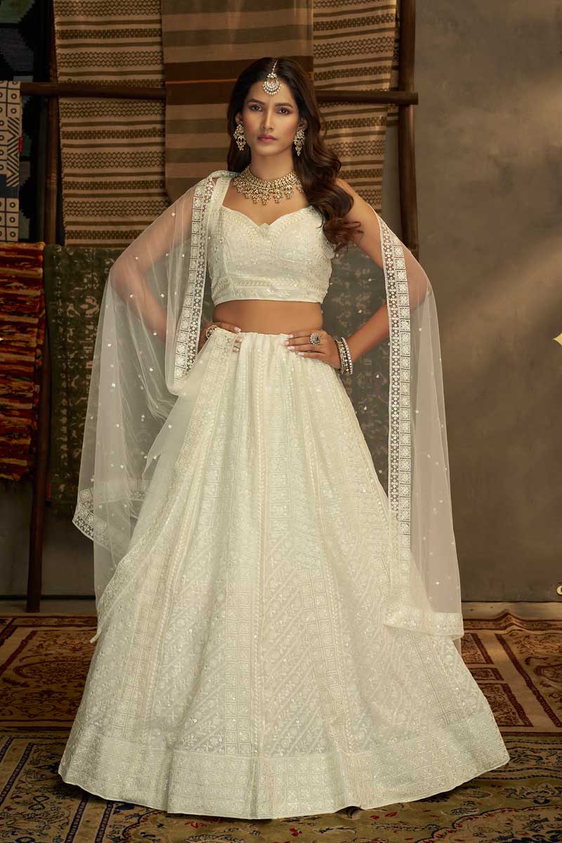 Creative Sequins Work On Lehenga In Off White Color Georgette Fabric