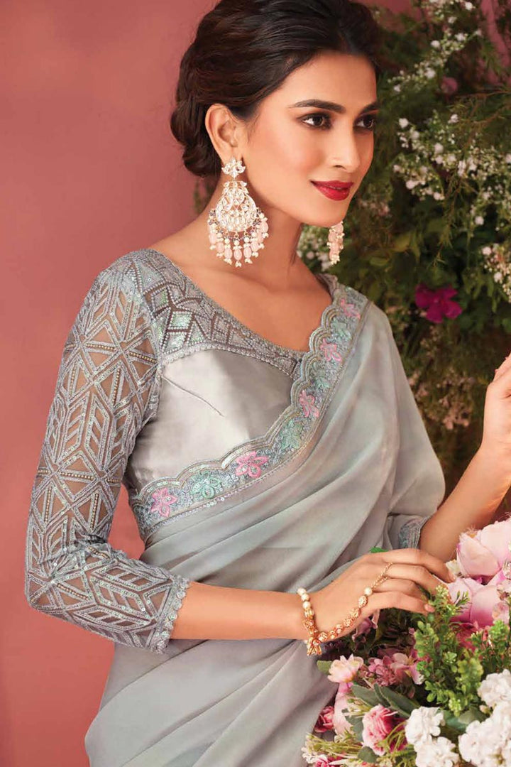 Grey Color Delicate Function Wear Border Work Georgette Fabric Saree