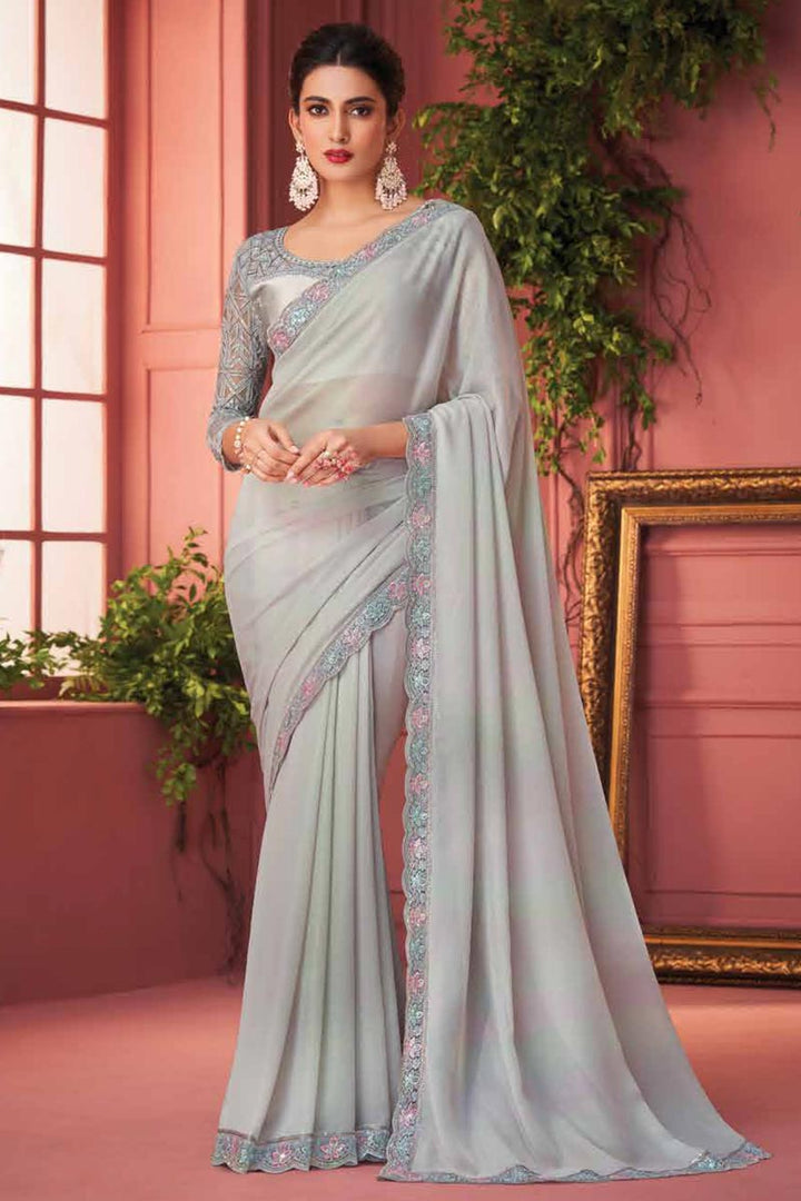 Grey Color Delicate Function Wear Border Work Georgette Fabric Saree