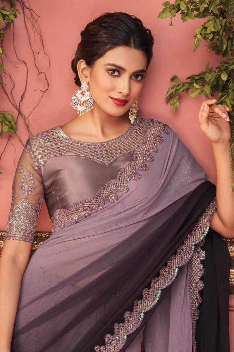 Pink Color Chic Function Wear Border Work Chiffon Saree