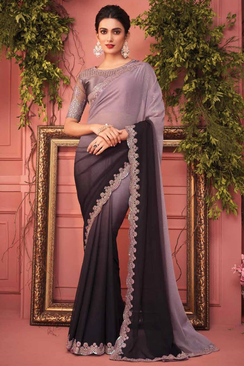 Pink Color Chic Function Wear Border Work Chiffon Saree