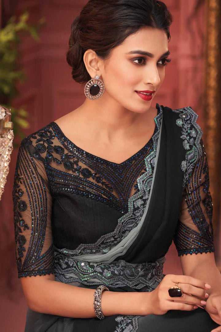 Black Color Lovely Function Wear Border Work Georgette Fabric Saree