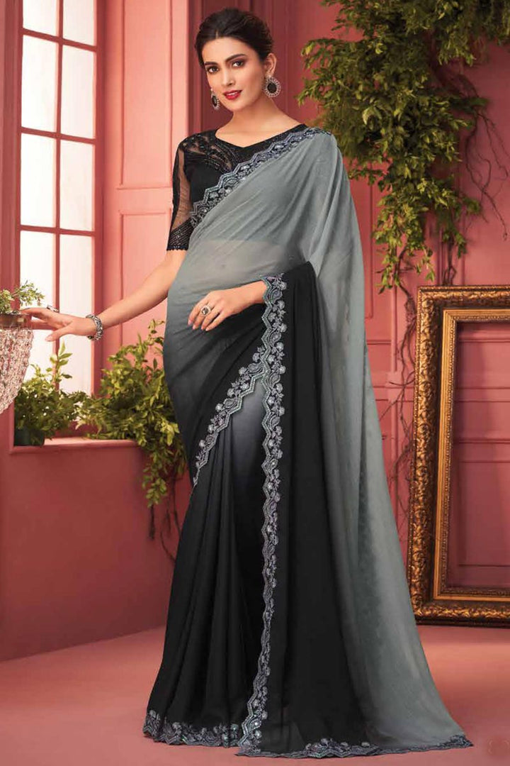 Black Color Lovely Function Wear Border Work Georgette Fabric Saree