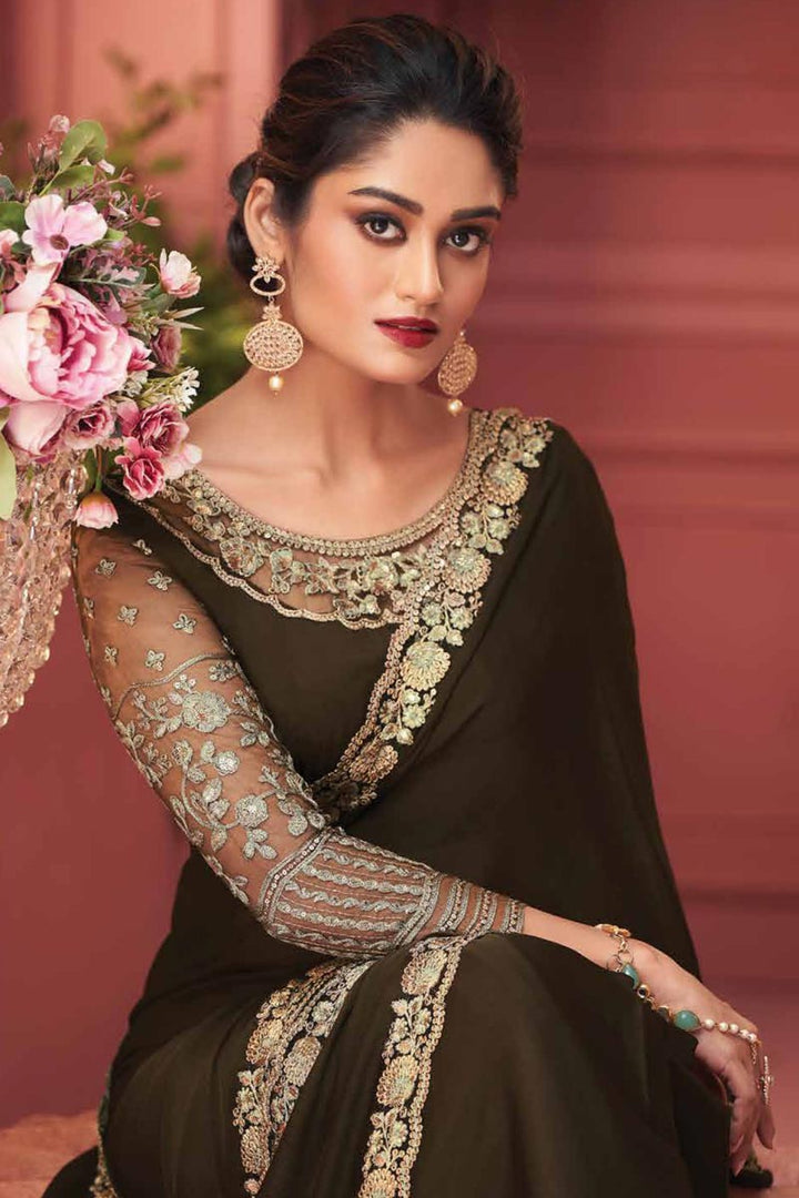 Brown Color Awesome Function Wear Border Work Chiffon Saree