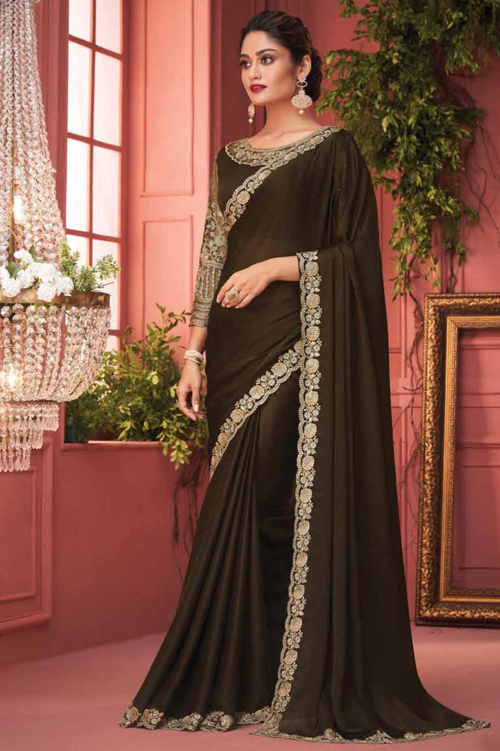Brown Color Awesome Function Wear Border Work Chiffon Saree