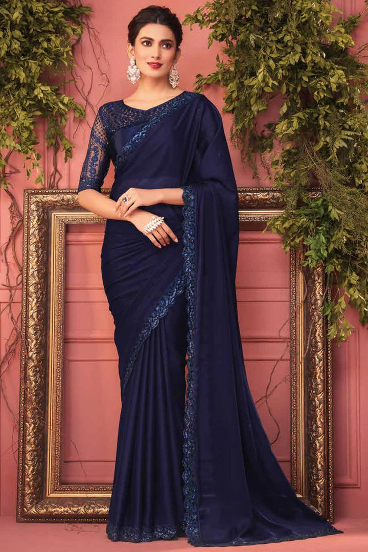 Navy Blue Color Appealing Function Wear Border Work Georgette Fabric Saree