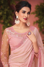 Load image into Gallery viewer, Peach Color Vintage Border Work Function Wear Georgette Fabric Saree
