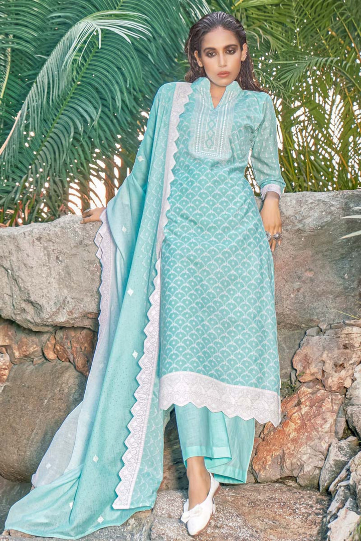 Cyan Color Casual Wear Cotton Fabric Solid Salwar Suit With Printed Work