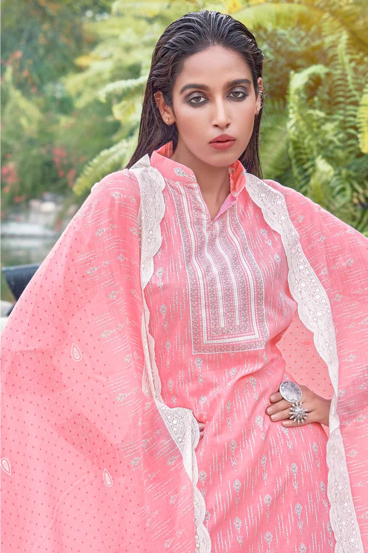 Printed Work On Daily Wear Cotton Fabric Beatific Salwar Suit In Pink Color