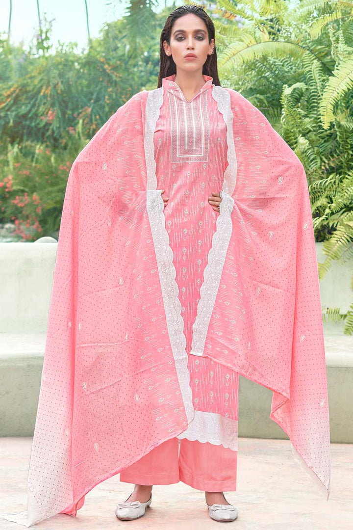 Printed Work On Daily Wear Cotton Fabric Beatific Salwar Suit In Pink Color