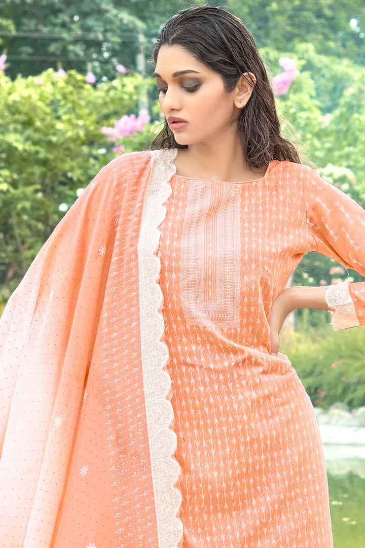 Printed Work On Peach Color Casual Wear Cotton Fabric Winsome Salwar Suit