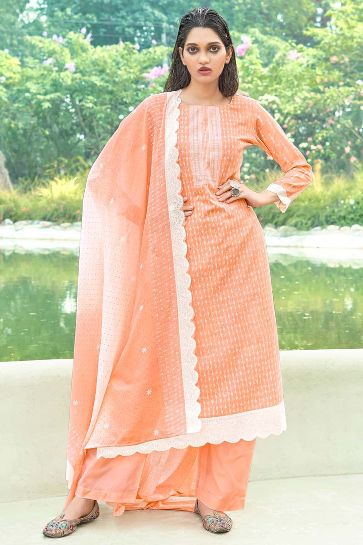 Printed Work On Peach Color Casual Wear Cotton Fabric Winsome Salwar Suit