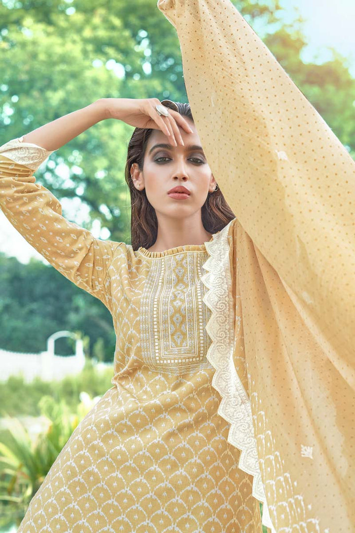Beige Color Exquisite Cotton Fabric Daily Wear Salwar Suit With Printed Work