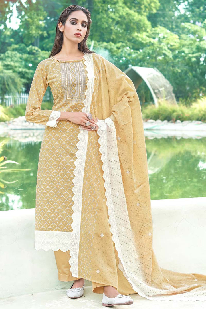 Beige Color Exquisite Cotton Fabric Daily Wear Salwar Suit With Printed Work