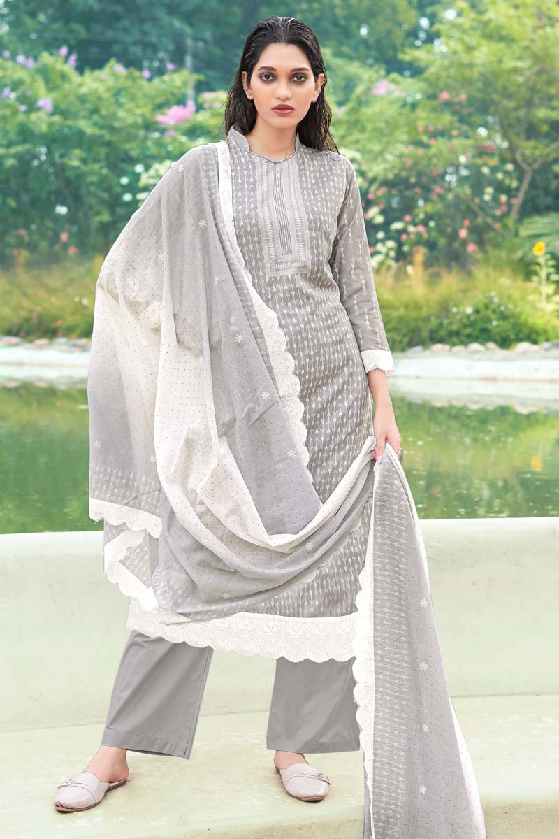 Grey Color Printed Work On Cotton Fabric Admirable Salwar Suit In Casual Wear