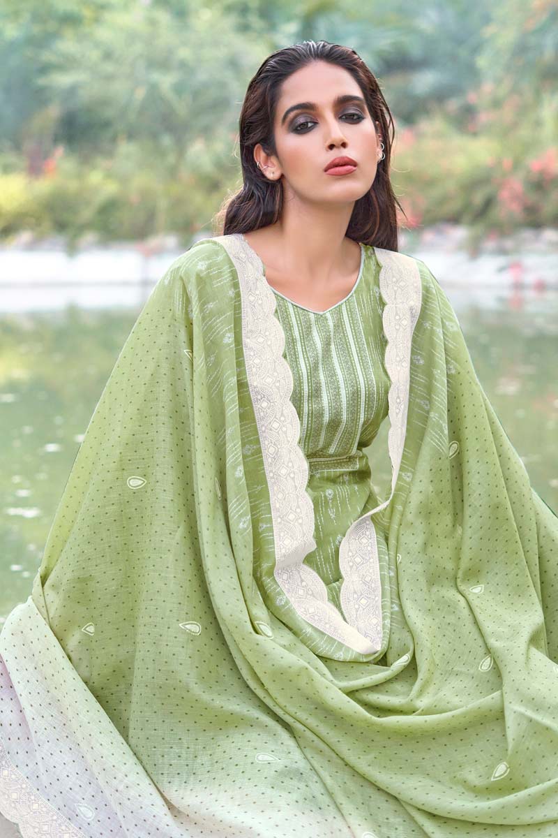 Printed Work On Mehendi Green Color Cotton Fabric Casual Wear Engaging Salwar Suit