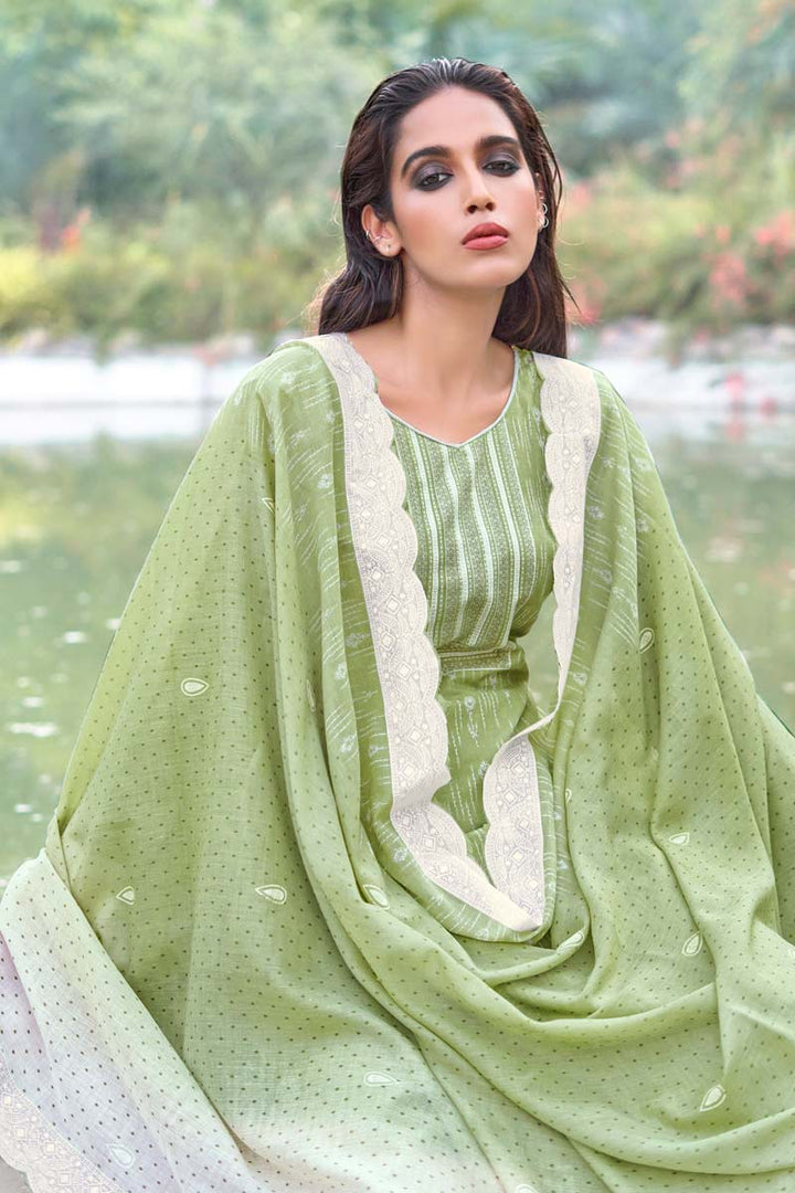 Printed Work On Mehendi Green Color Cotton Fabric Casual Wear Engaging Salwar Suit