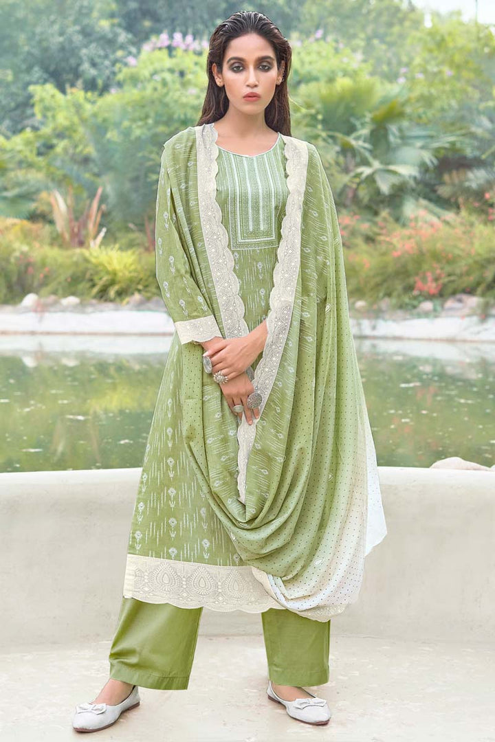 Printed Work On Mehendi Green Color Cotton Fabric Casual Wear Engaging Salwar Suit