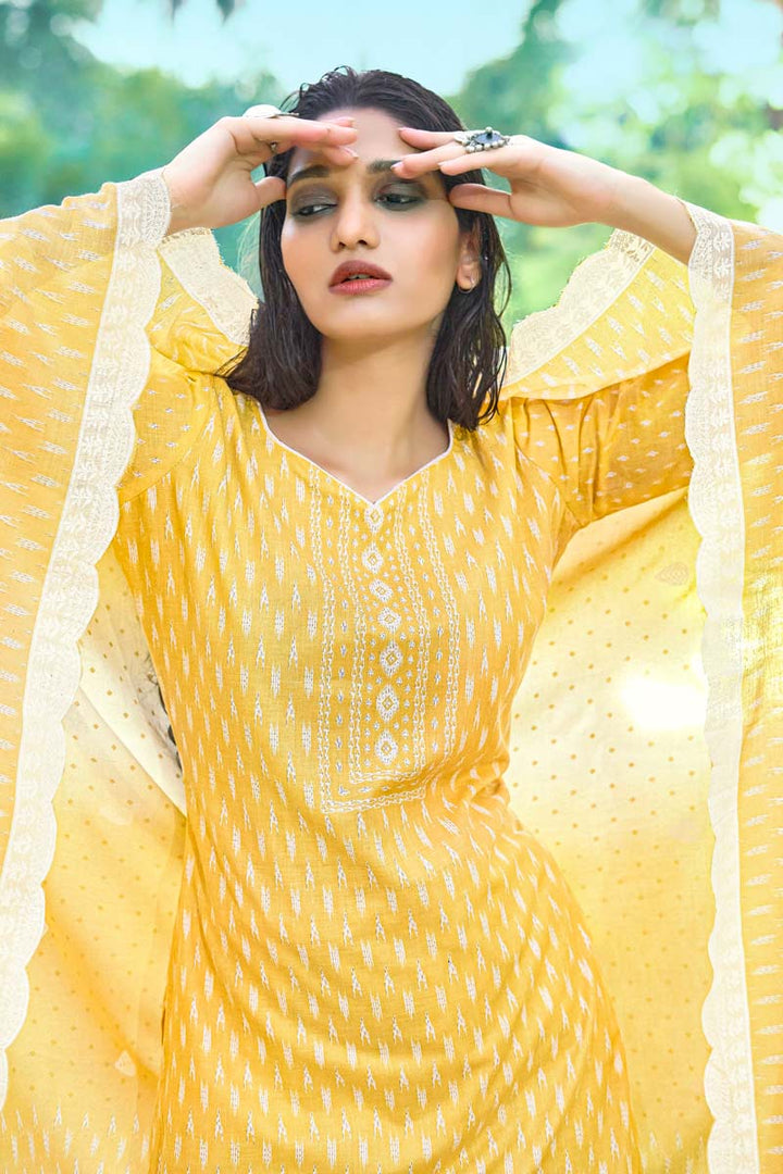Printed Work On Cotton Fabric Daily Wear Luminous Salwar Suit In Yellow Color
