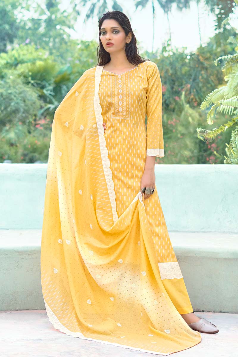 Printed Work On Cotton Fabric Daily Wear Luminous Salwar Suit In Yellow Color