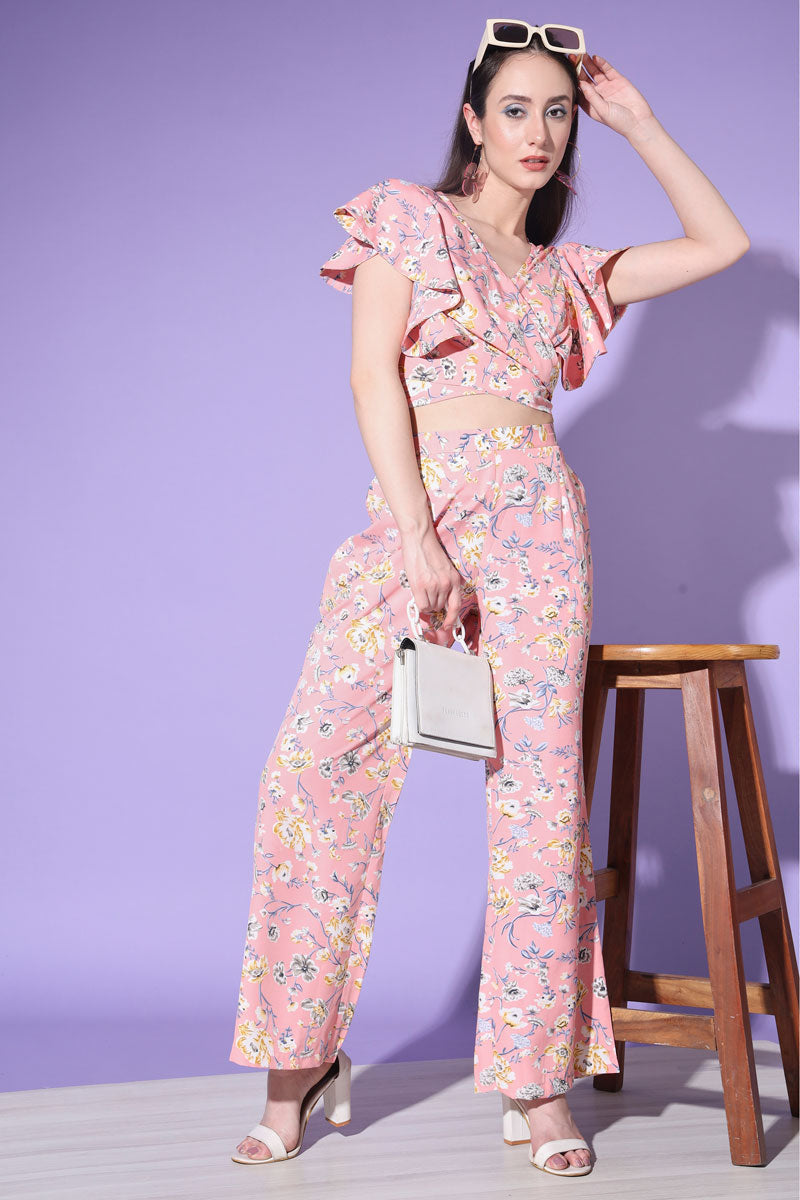 Crepe Fabric Pink Printed Trendy Co Ord Set