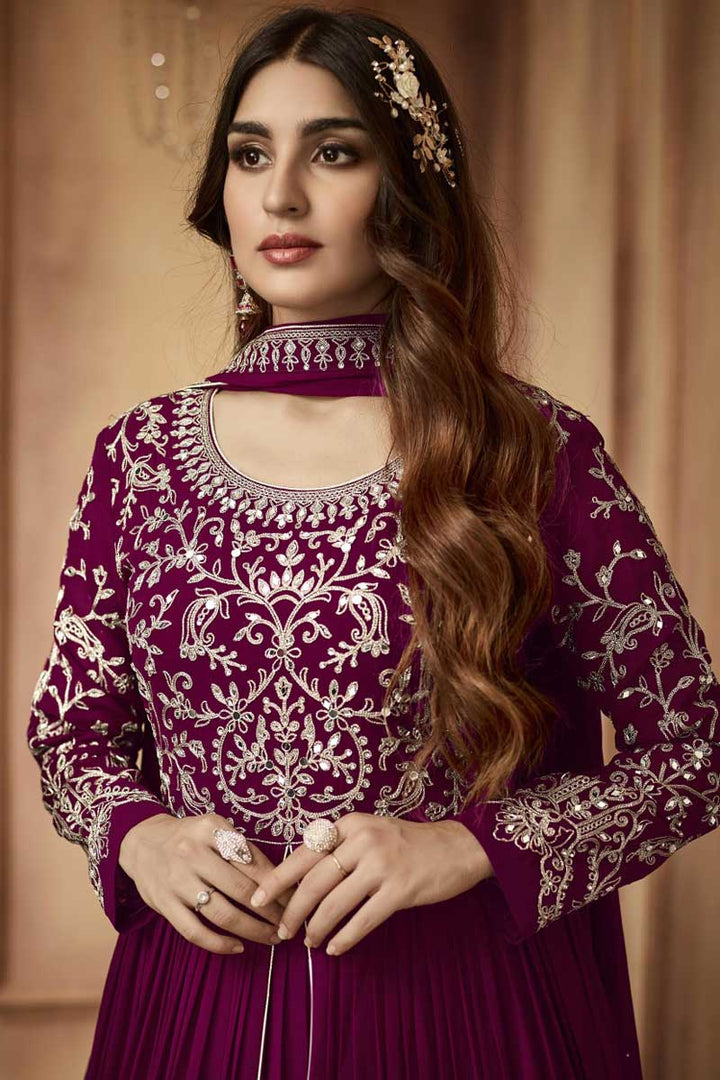 Wine Color Georgette Fabric Riveting Readymade Anarkali Suit