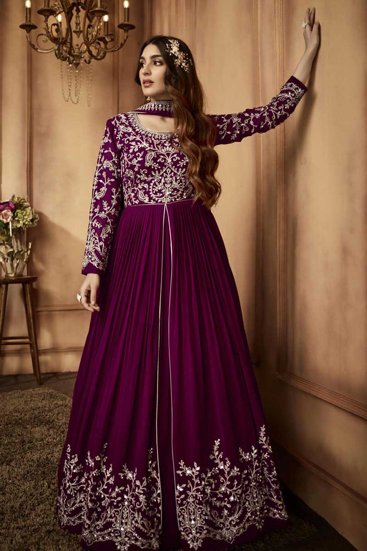 Wine Color Georgette Fabric Riveting Readymade Anarkali Suit