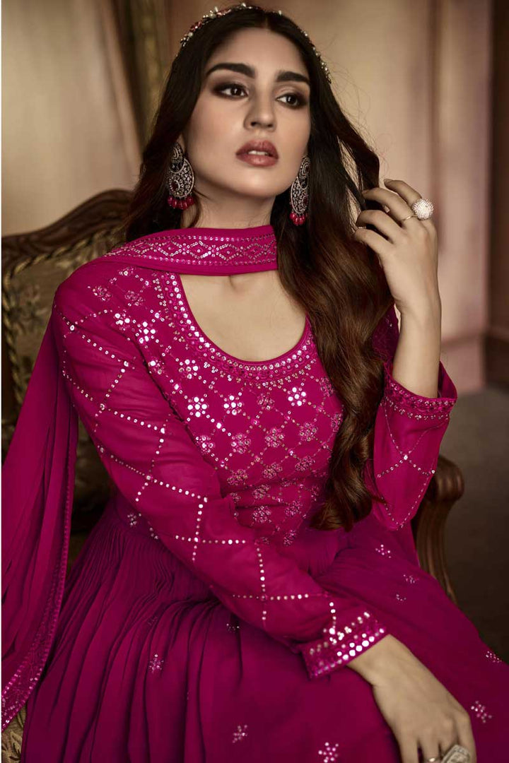 Georgette Fabric Rani Color Attractive Readymade Anarkali Suit