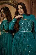 Load image into Gallery viewer, Georgette Fabric Teal Color Imperial Readymade Anarkali Suit
