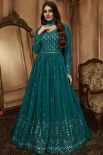 Load image into Gallery viewer, Georgette Fabric Teal Color Imperial Readymade Anarkali Suit

