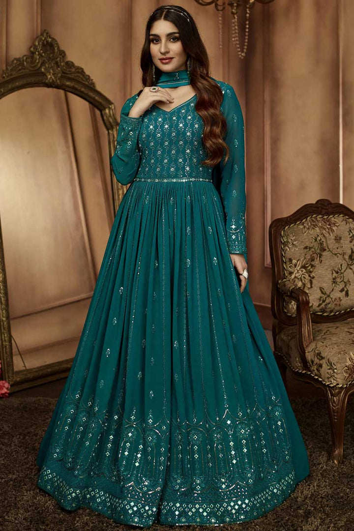 Georgette Fabric Teal Color Imperial Readymade Anarkali Suit