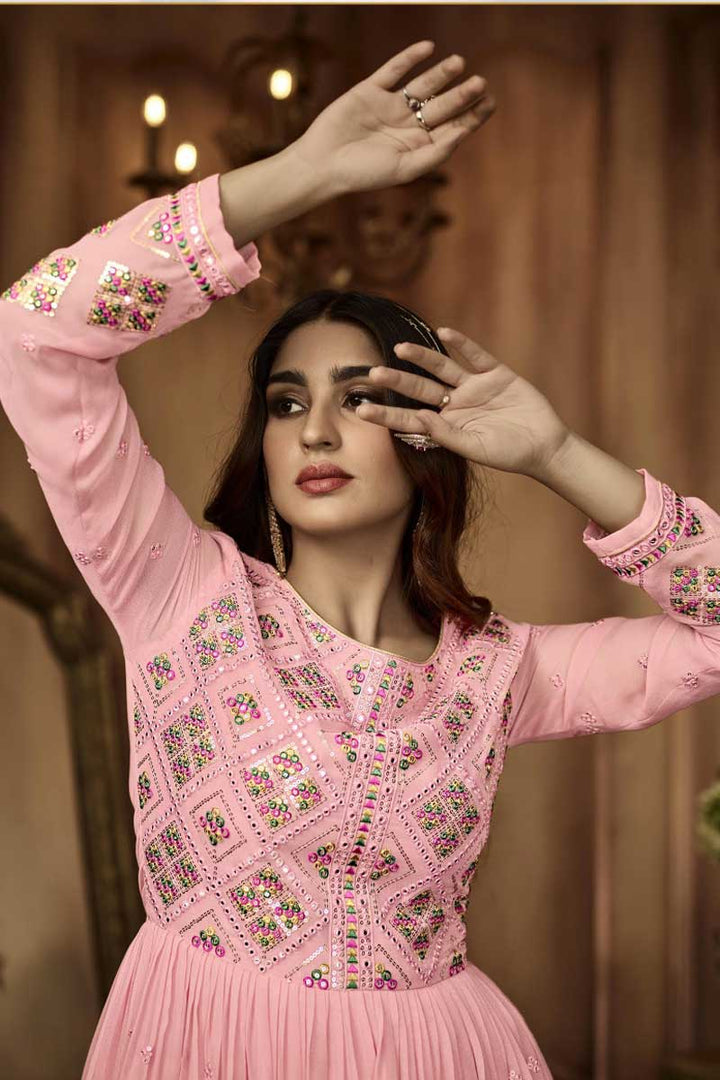 Pink Color Georgette Fabric Engrossing Readymade Anarkali Suit