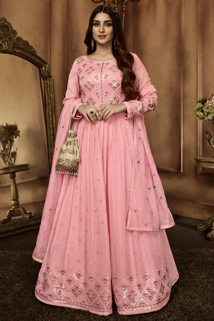 Pink Color Georgette Fabric Engrossing Readymade Anarkali Suit