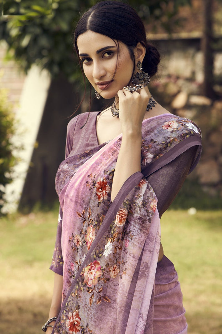 Pink Color Regular Wear Crepe Fabric Digital Printed Saree