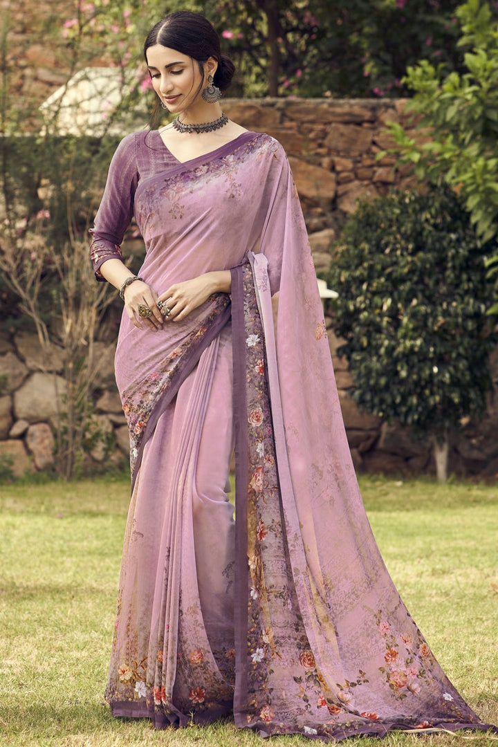 Pink Color Regular Wear Crepe Fabric Digital Printed Saree