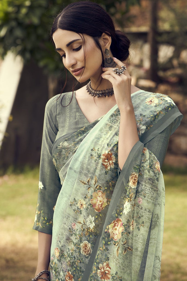 Sea Green Color Daily Wear Crepe Fabric Digital Printed Saree