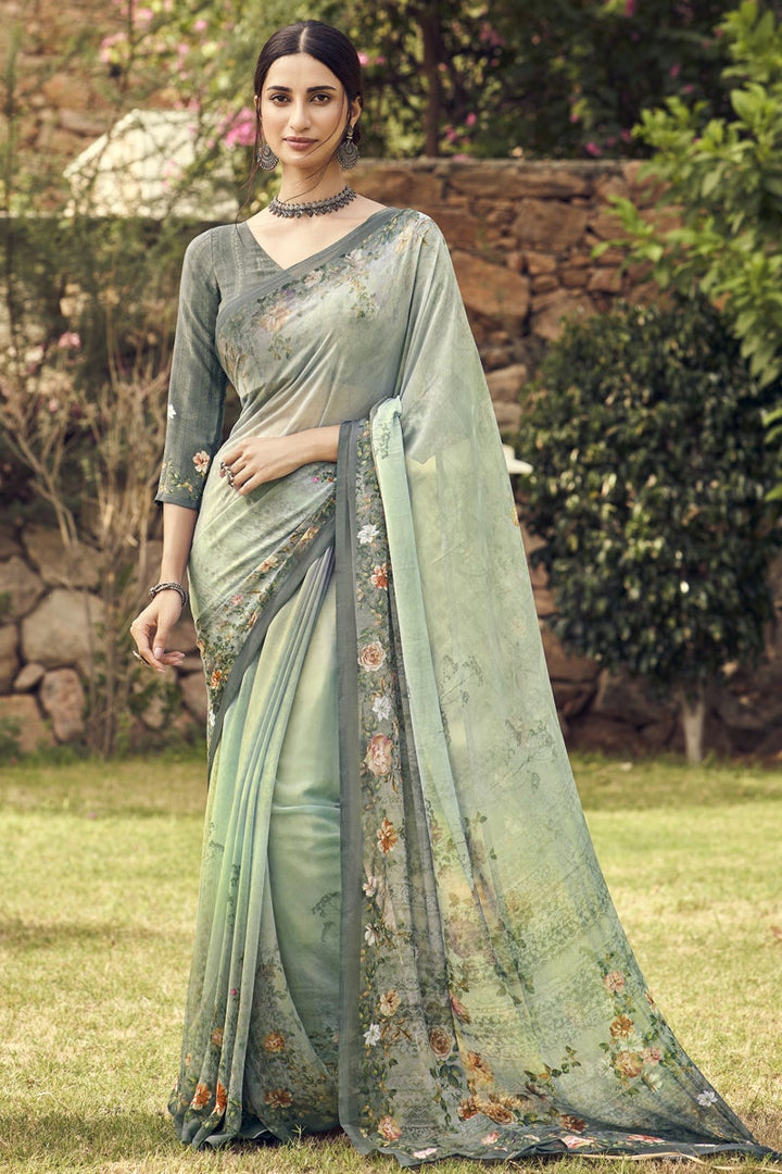 Sea Green Color Daily Wear Crepe Fabric Digital Printed Saree