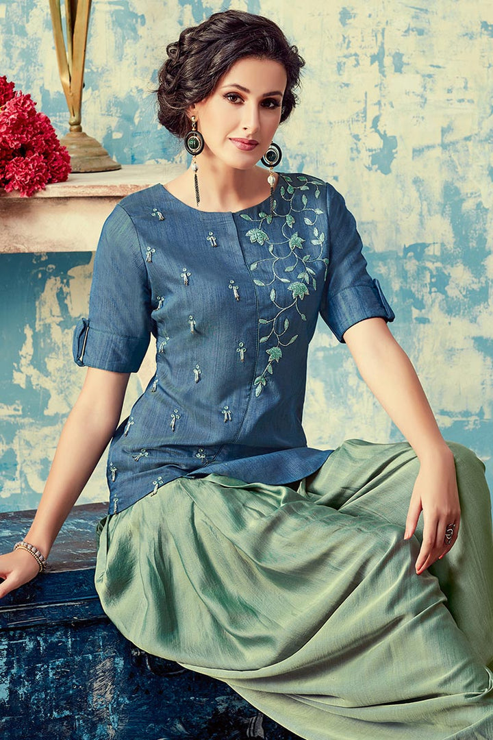 Blue Color Art Silk Fabric Daily Wear Kurti Bottom Set With Embroidered Work