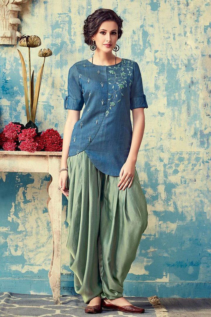 Blue Color Art Silk Fabric Daily Wear Kurti Bottom Set With Embroidered Work