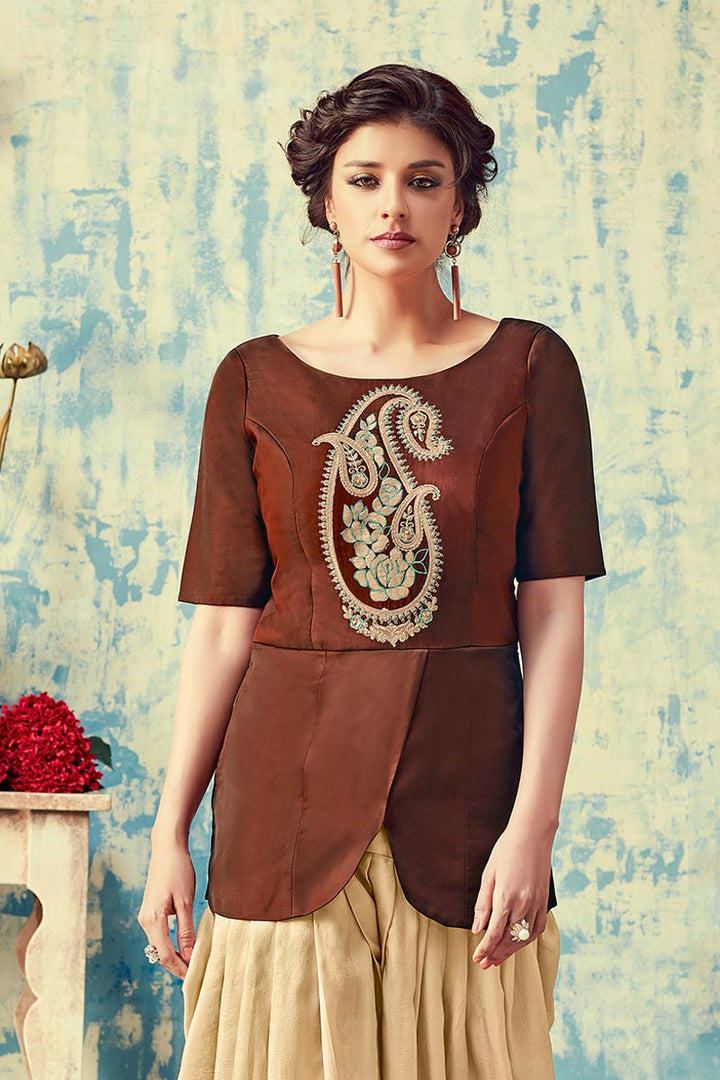 Radiant Embroidered Work On Brown Color Art Silk Fabric Casual Wear Kurti With Bottom