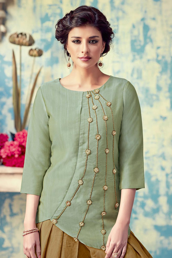 Excellent Art Silk Fabric Olive Color Daily Wear Kurti Bottom Set With Embroidered Work