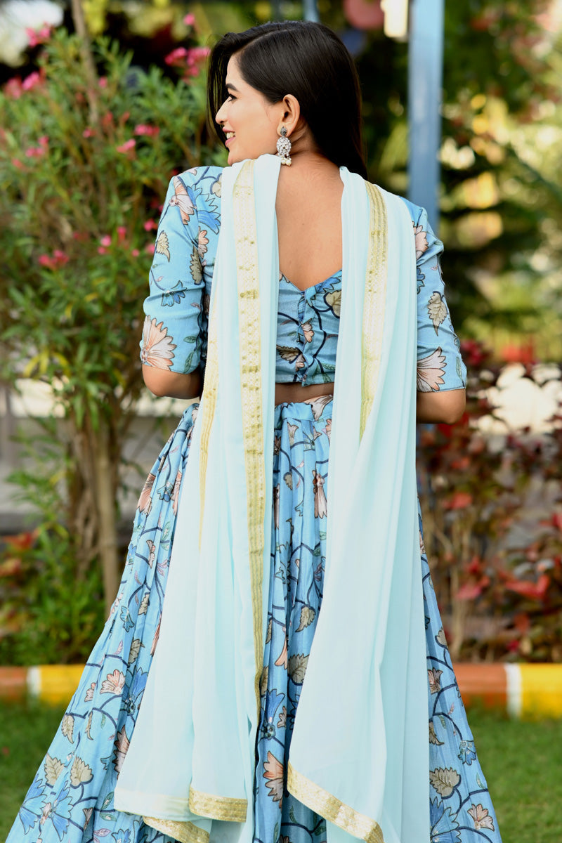 Cyan Color Chinon Fabric Supreme Printed Lehenga