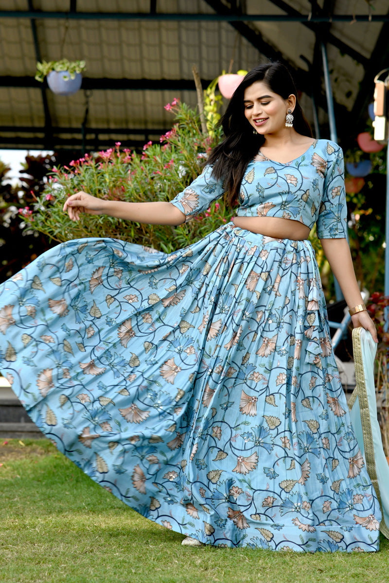 Cyan Color Chinon Fabric Supreme Printed Lehenga