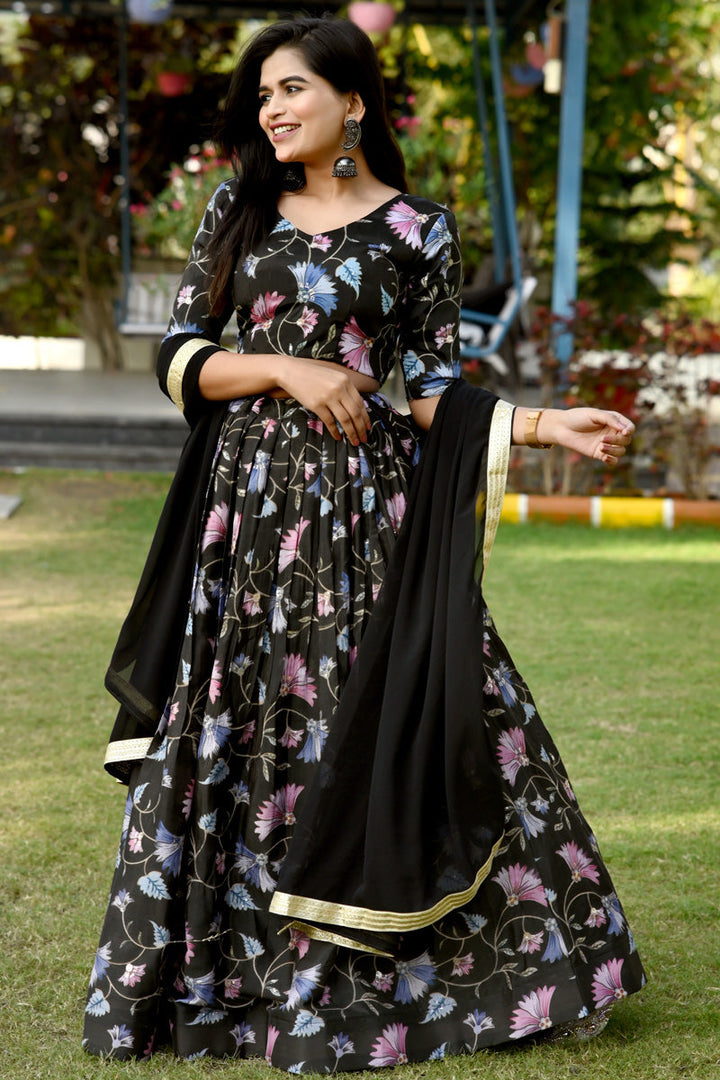 Chinon Fabric Black Color Winsome Printed Lehenga