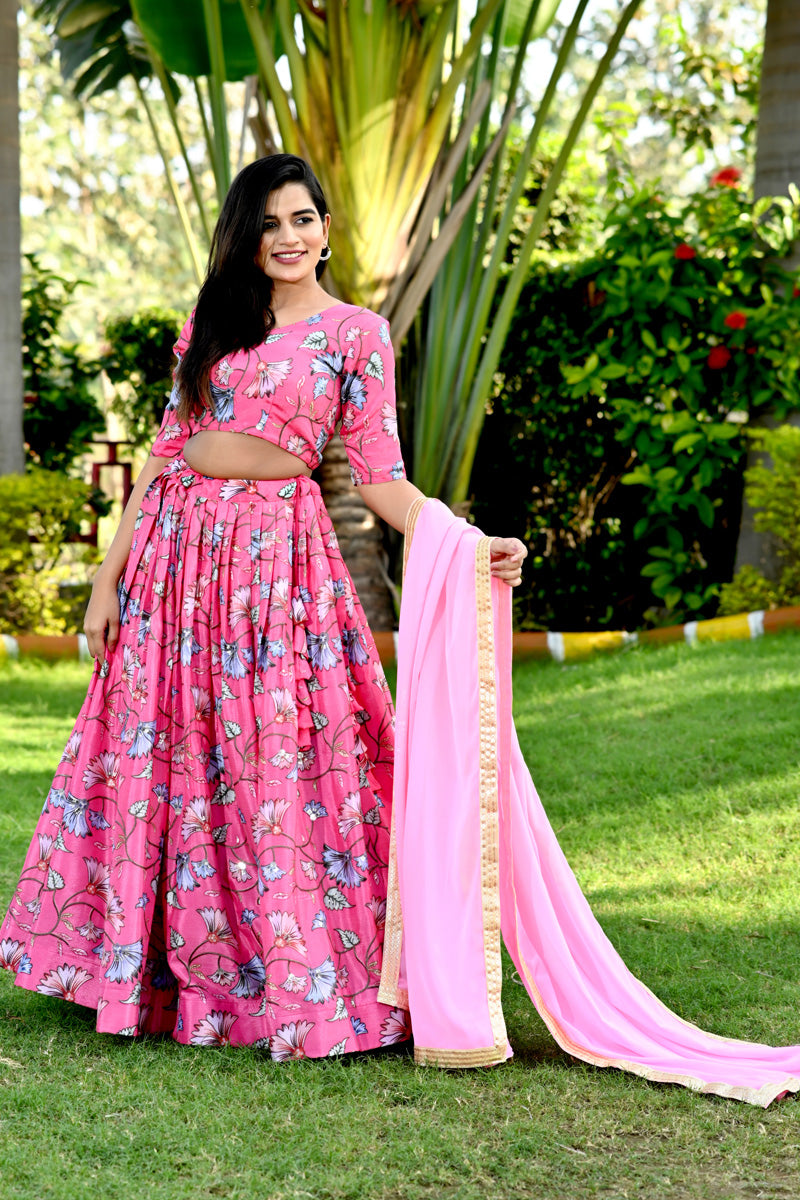 Chinon Fabric Pink Color Superior Printed Lehenga