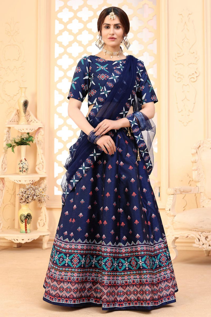 Art Silk Fabric Printed Festive Wear Trendy Lehenga Choli In Navy Blue Color
