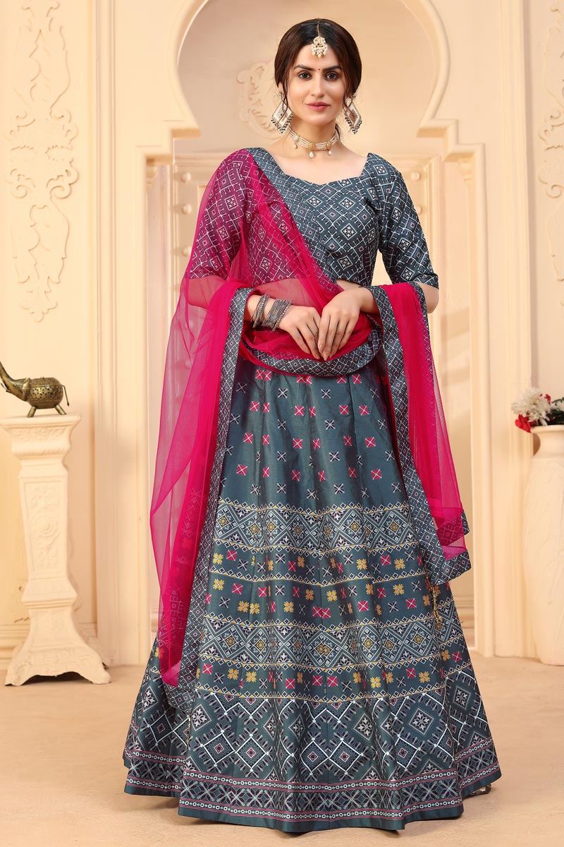 Art Silk Fabric Printed Function Wear Designer Lehenga Choli In Grey Color