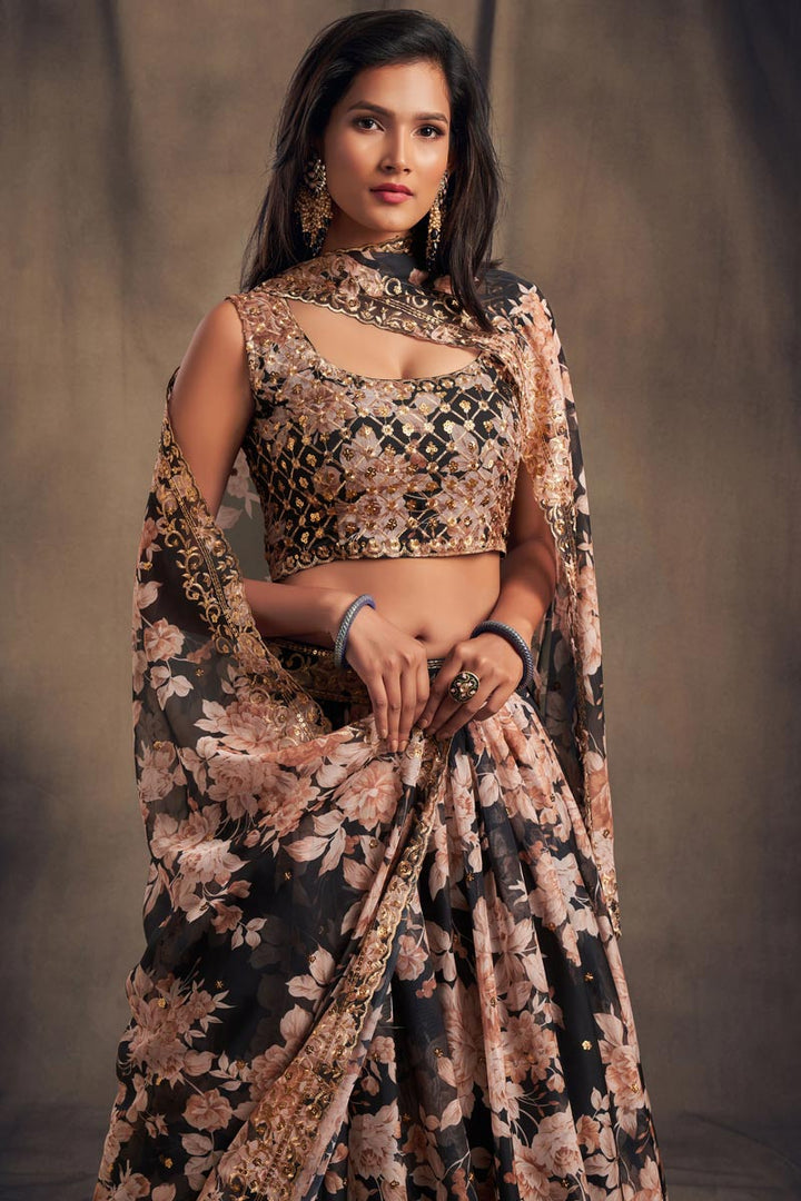 Black Color Organza Fabric Floral Printed Reception Wear Gorgeous Lehenga