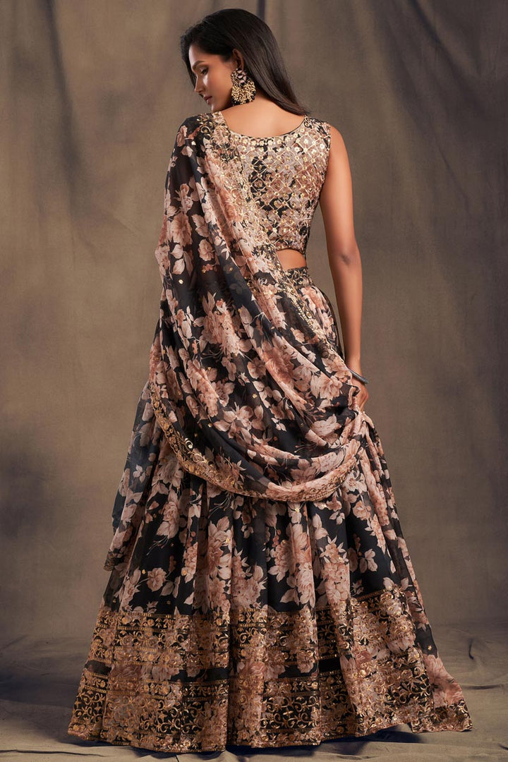 Black Color Organza Fabric Floral Printed Reception Wear Gorgeous Lehenga