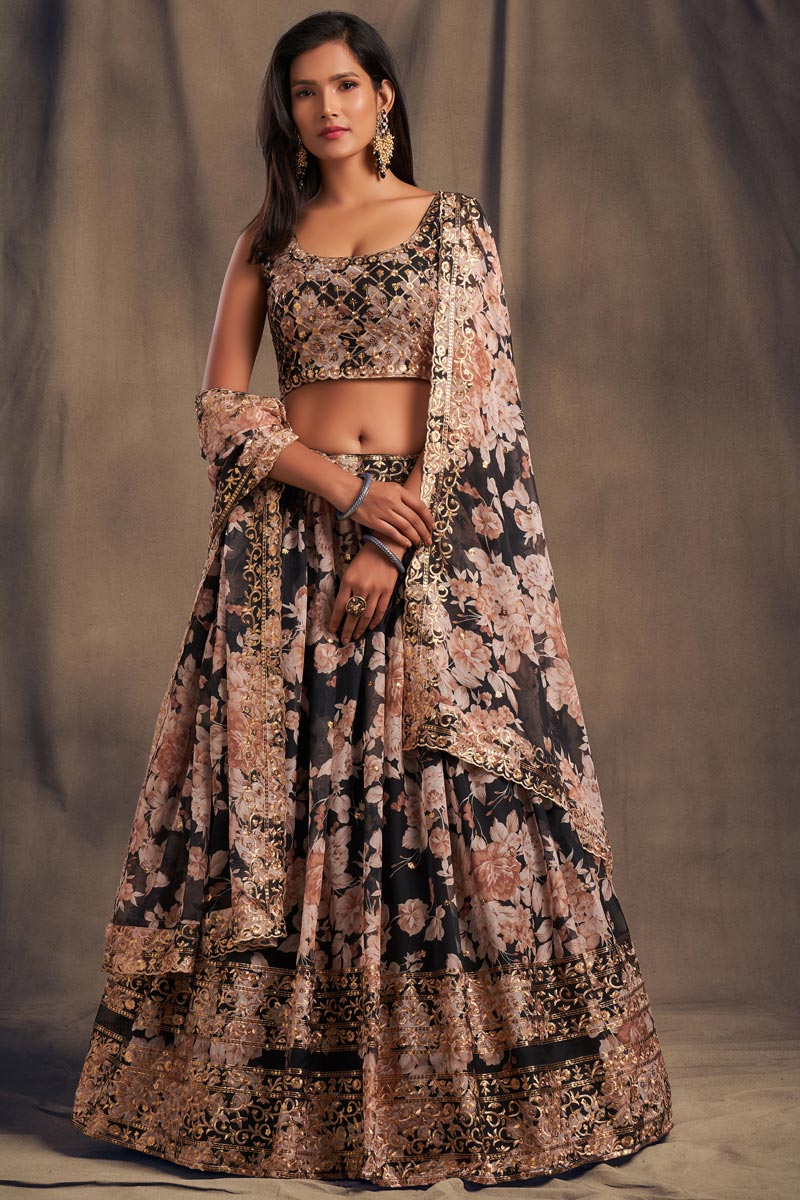 Black Color Organza Fabric Floral Printed Reception Wear Gorgeous Lehenga